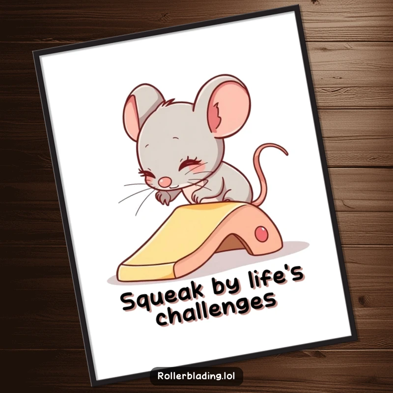 Funny Free Printable Wall Art: A shy mouse looks cautious while attempting a gentle slide, offering a humorous and endearing art piece.