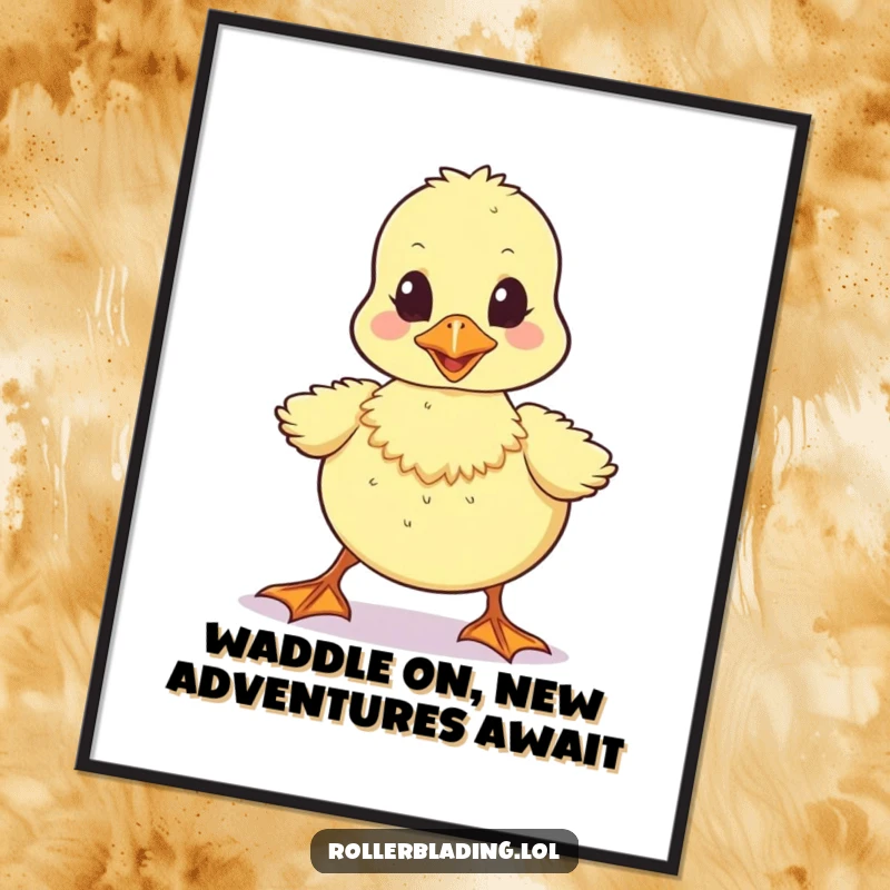 Funny Free Printable Wall Art: A wobbly duckling stepping forward unsteadily, full of adorable character.
