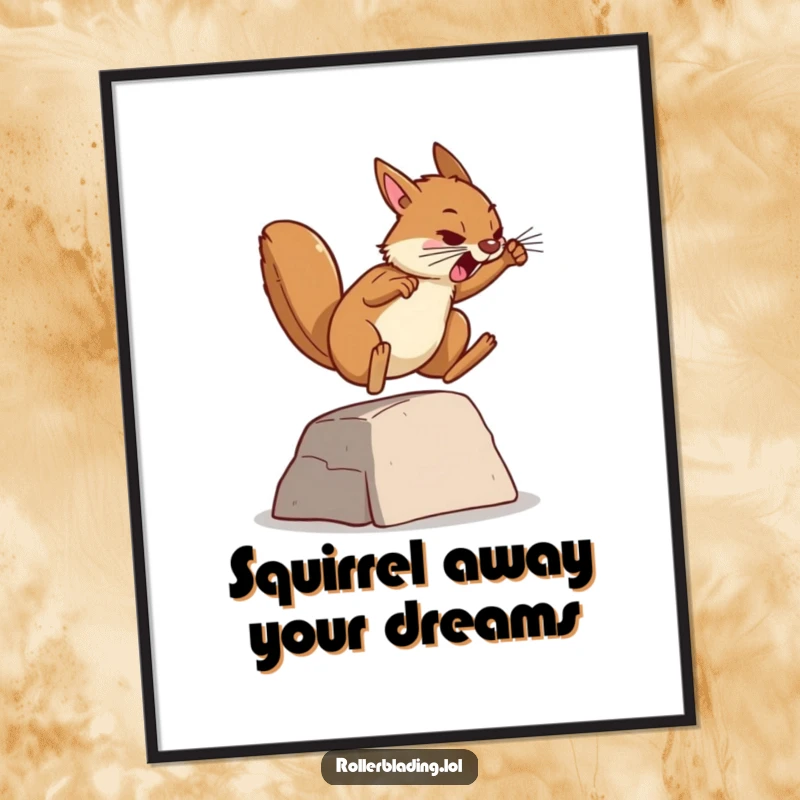 Funny Free Printable Wall Art: A focused squirrel soars over a small ramp, embodying determination and action.