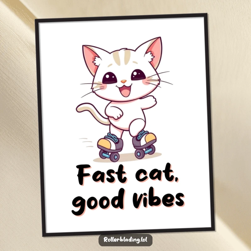Funny Free Printable Wall Art: A happy cat with windblown ears, captured mid-zoom on roller skates, radiating pure joy and speed.