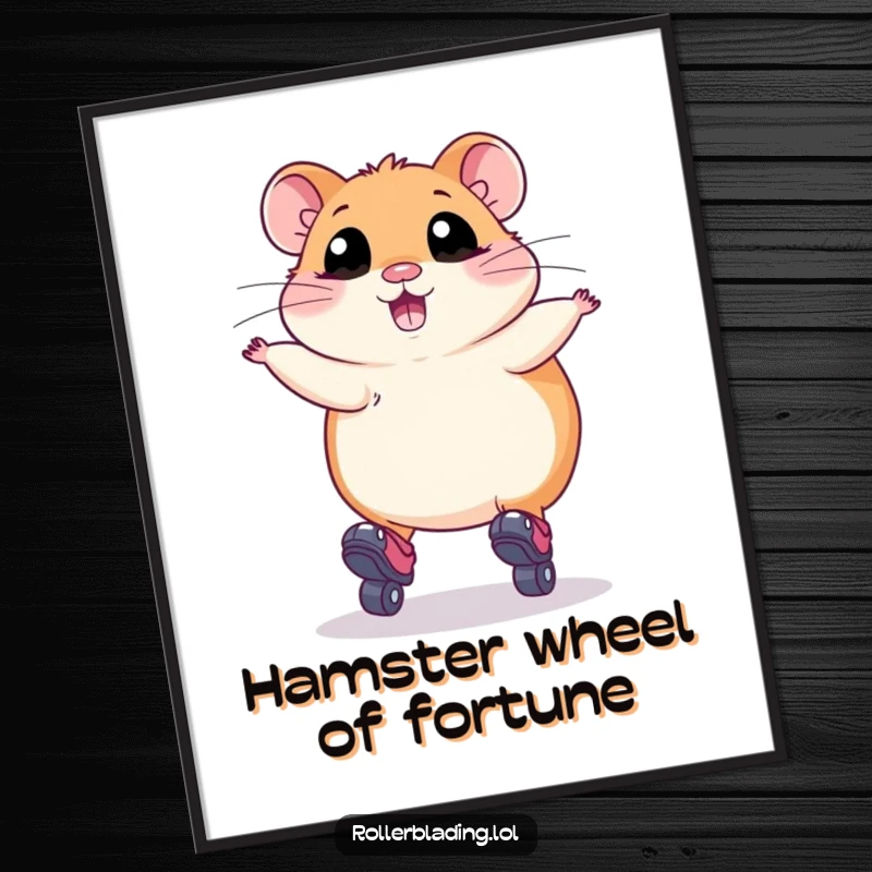 Funny Free Printable Wall Art: Plump hamster with wide eyes leaps on roller skates, a humorous and dynamic piece of downloadable art.