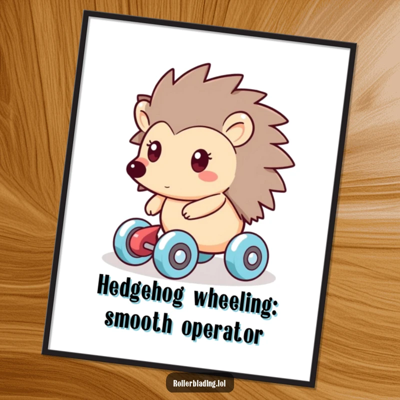 Funny Free Printable Wall Art: A friendly hedgehog smoothly gliding on roller skates with a joyful expression, whimsical decor.