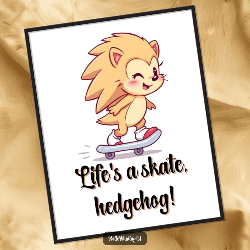 Funny Free Printable Wall Art: A happy hedgehog smiling while skating backward, a dynamic piece of downloadable art.