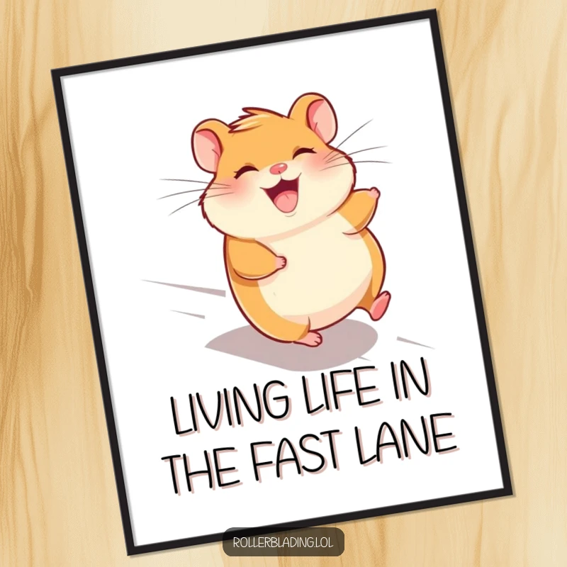 Funny Free Printable Wall Art: Giggling hamster speeding downhill with wind-blown fur, a dynamic downloadable art.