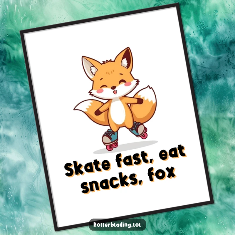 Funny Free Printable Wall Art: A curious and cool fox captured mid-hop while roller skating with a playful, foxy attitude.