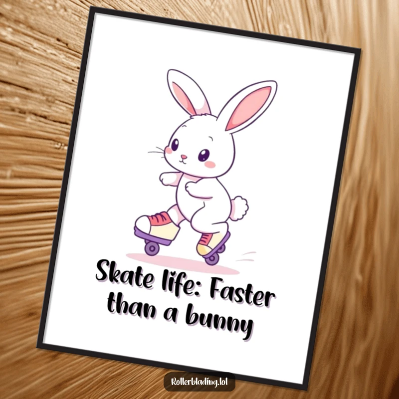 Funny Free Printable Wall Art: Curious rabbit confidently gliding on roller skates, a charming and humorous piece.