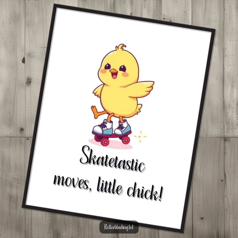 Funny free printable wall art depicting a cheerful chick mid-air attempting a roller skate jump, full of energy.