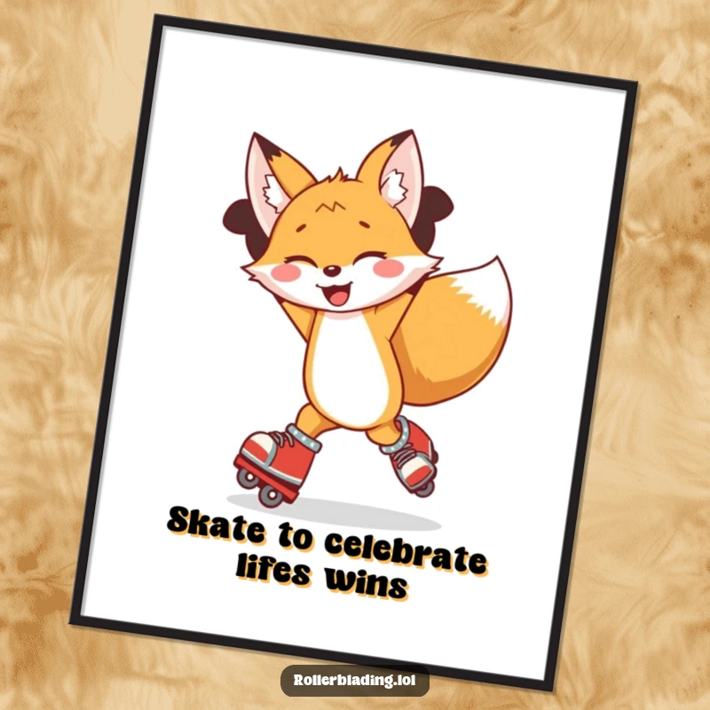 Funny Free Printable Wall Art: A joyful fox gracefully spins on rollerblades, arms triumphantly in the air, radiating pure fun.