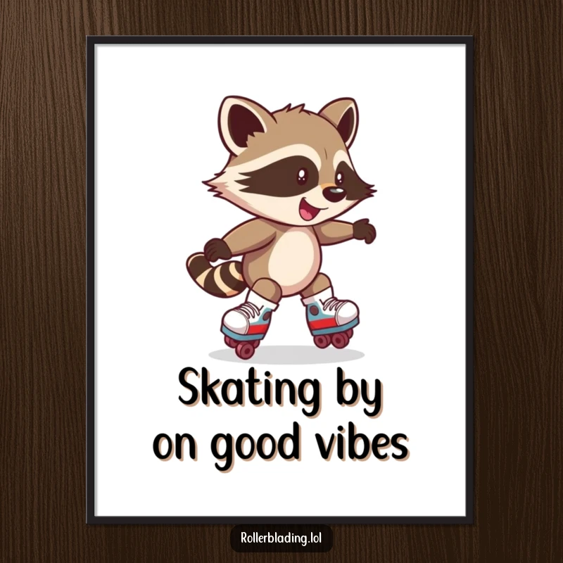 Funny Free Printable Wall Art: Mischievous raccoon doing a quick spin on roller skates, with a playful grin and a cool attitude.