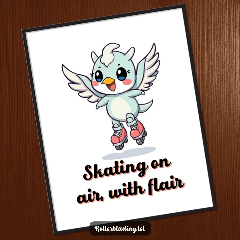 Funny Free Printable Wall Art: A cheerful, winged creature executes a swift speed turn on roller skates, capturing a moment of thrilling, airborne action.