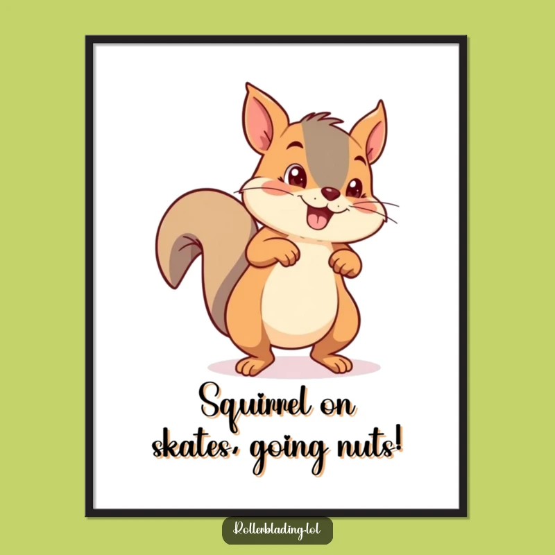 Free Printable Wall Art. Funny Squirrel Roller Skating Launch. Hilarious Downloadable Decor.