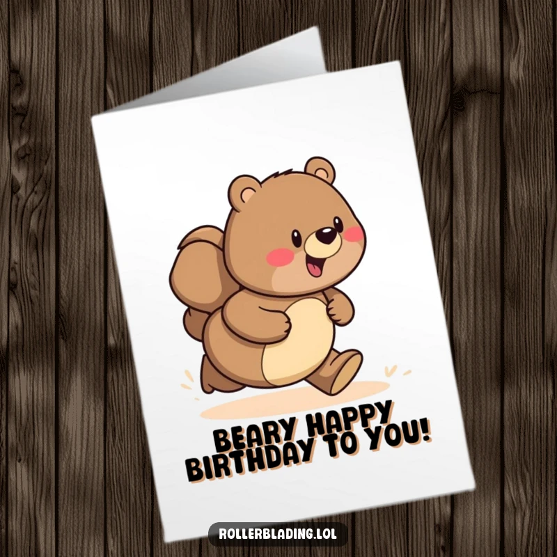 Funny Free Printable Birthday Card: A proud bear zooms down a path on a birthday cake, ready to celebrate.
