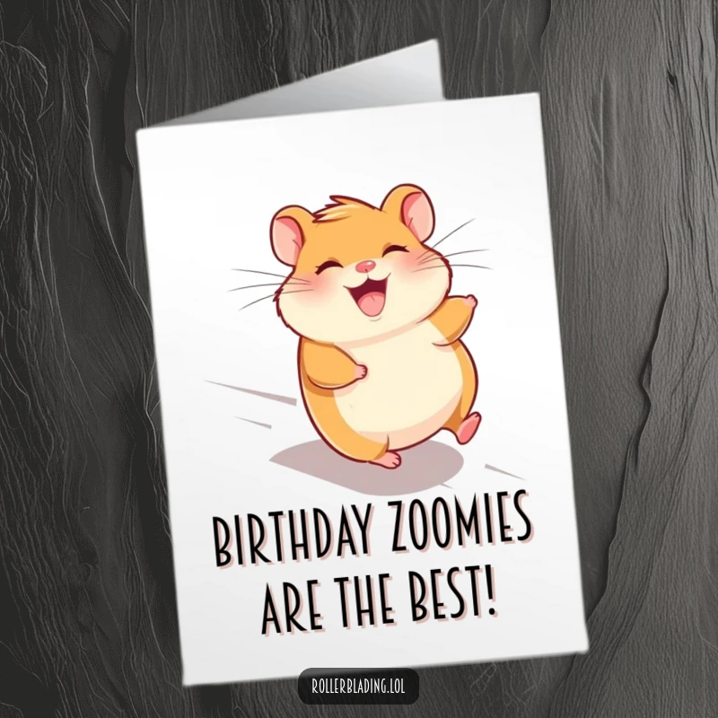 Funny Free Printable Birthday Card: Giggling hamster speeding downhill, wind in fur, a fun downloadable art for birthdays.