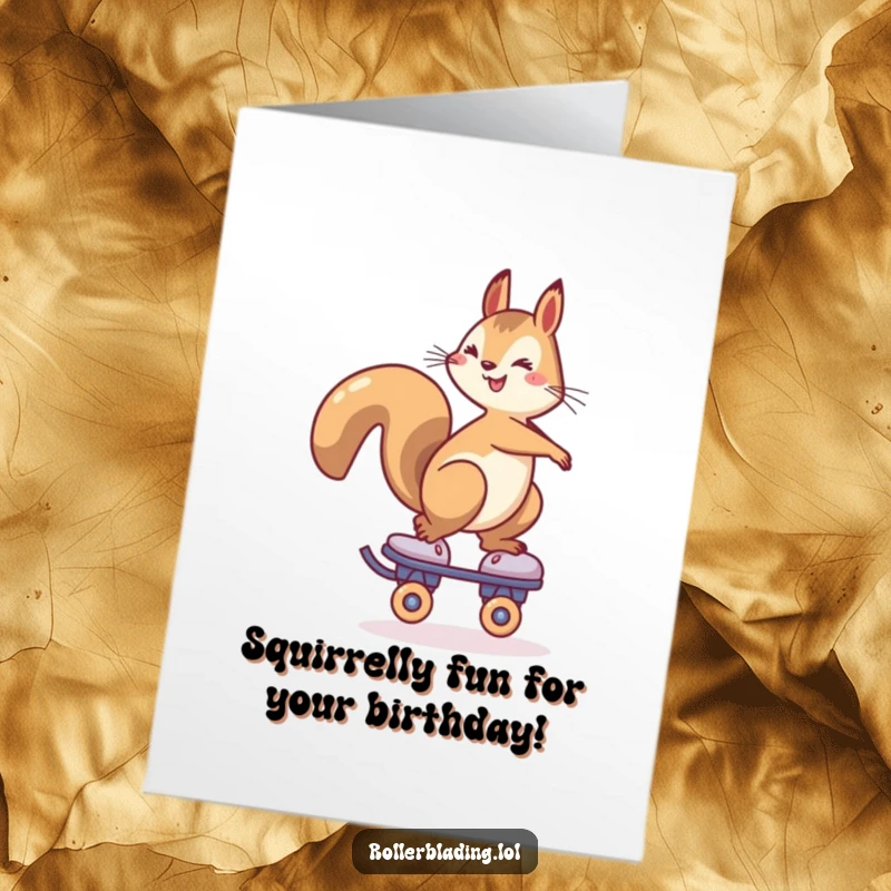 Funny Free Printable Birthday Card: Cheerful squirrel impressively balancing on a single roller skate, showing skill.