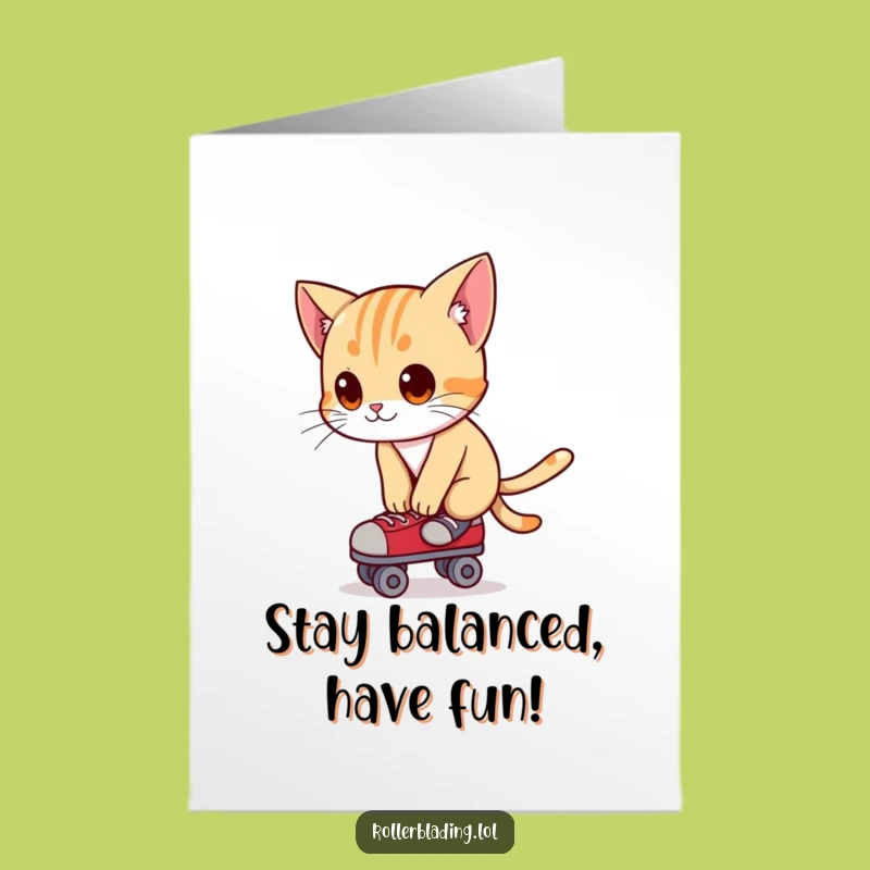 Free Printable Birthday Card: Curious Cat on Roller Skates Funny Downloadable Gift