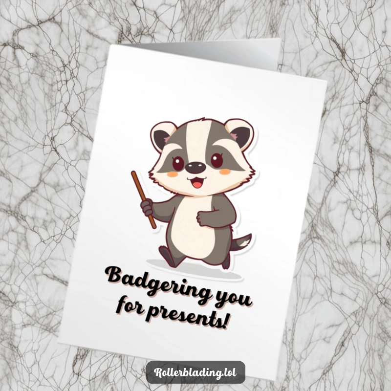 Funny free printable birthday card of a proud badger cruising confidently with a stick, ready for a party.