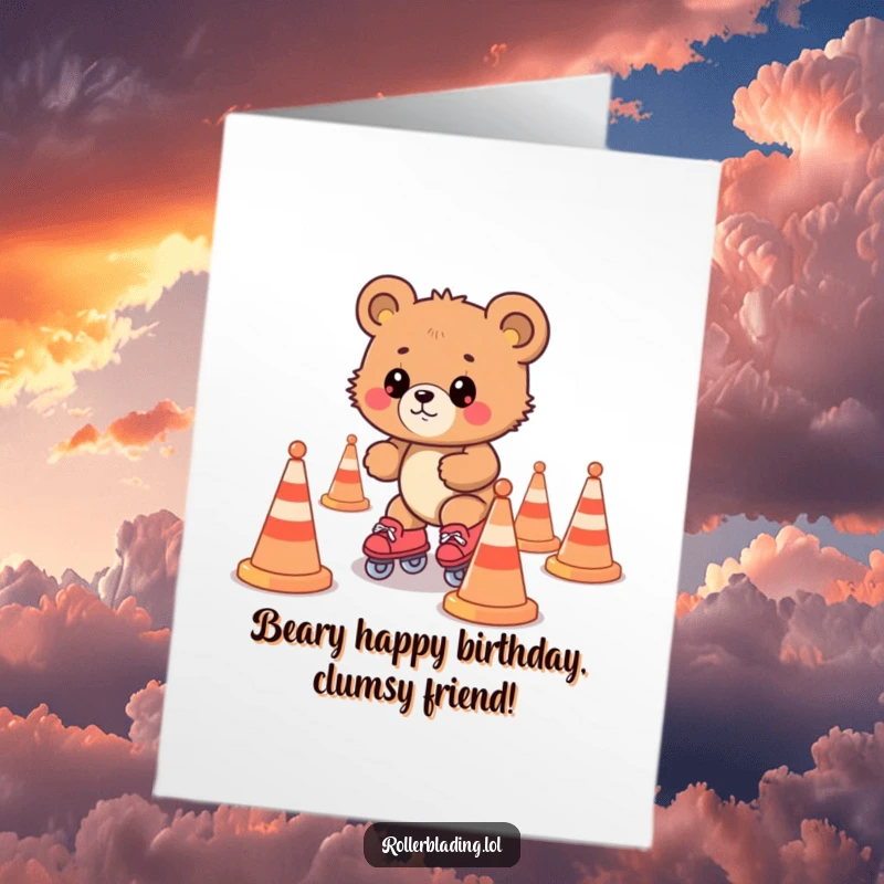 Funny Free Printable Birthday Card: Curious bear cub wobbling on roller skates through orange traffic cones.