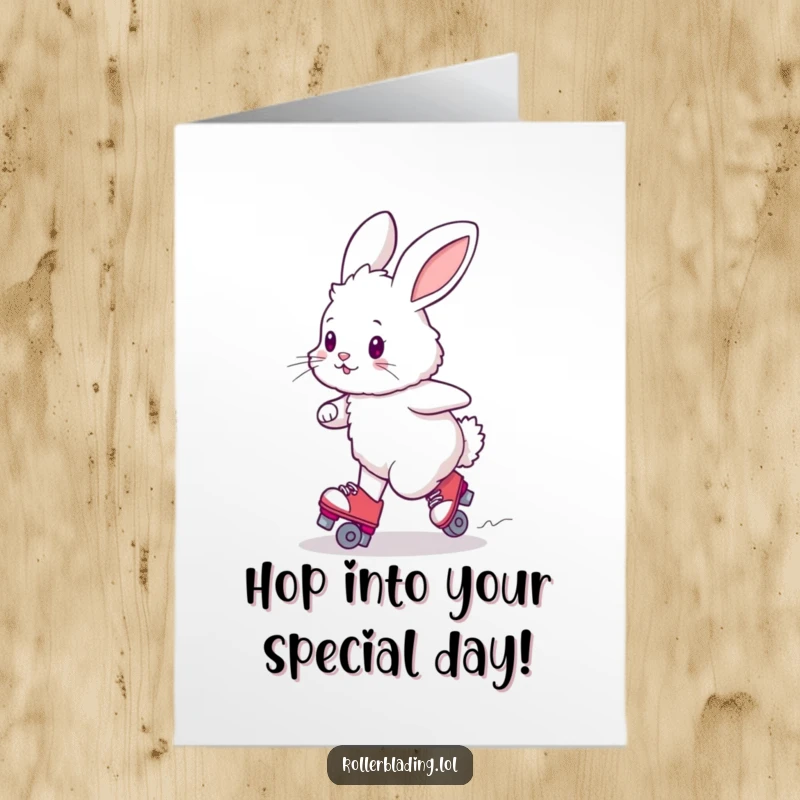 Funny free printable birthday card of a fluffy bunny struggling to make a turn on roller skates, looking surprised.