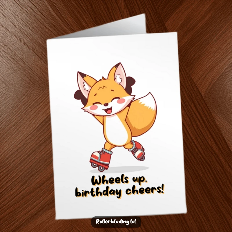 Funny Free Printable Birthday Card: Joyful fox spinning wildly on rollerblades with arms up, celebrating with uncontainable glee.
