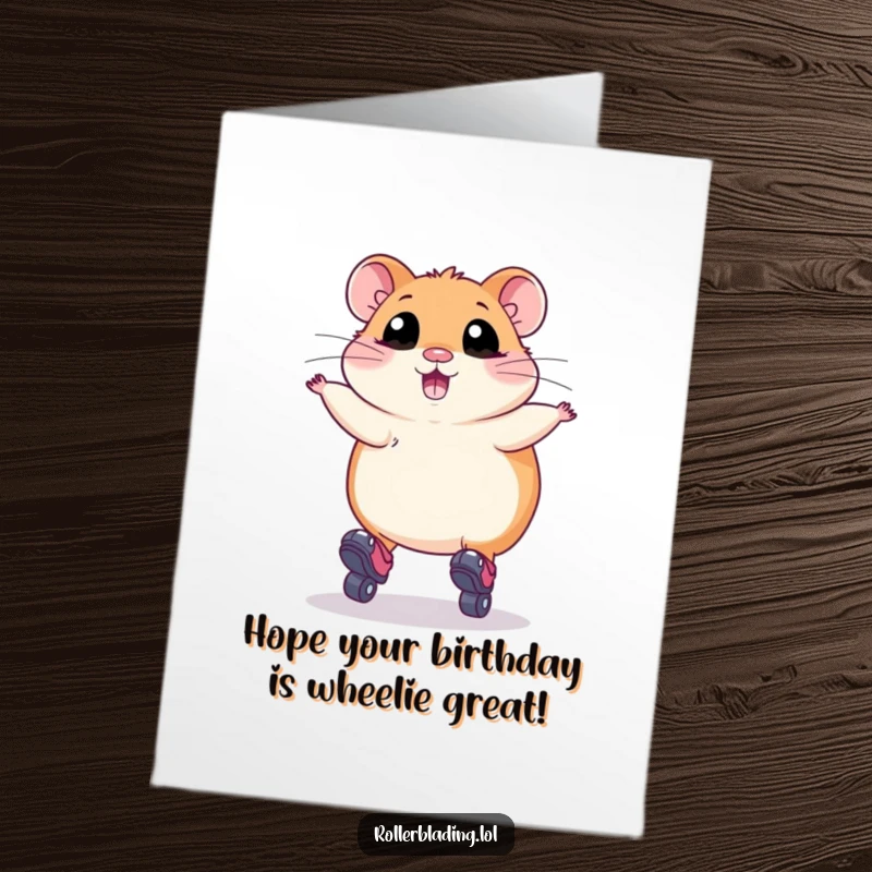 Funny Free Printable Birthday Card: Plump hamster eyes wide, attempting a jump on roller skates, a chaotic and humorous wish.