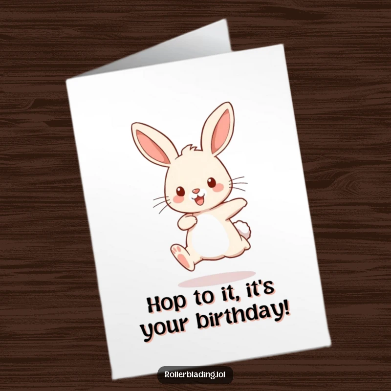 Funny Free Printable Birthday Card: A playful rabbit energetically bounces along with legs pumping, embodying pure birthday enthusiasm.