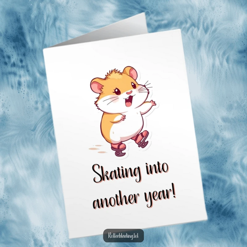 Funny Free Printable Birthday Card of a hamster wearing tiny skates, zooming forward with delight, a fun downloadable gift.