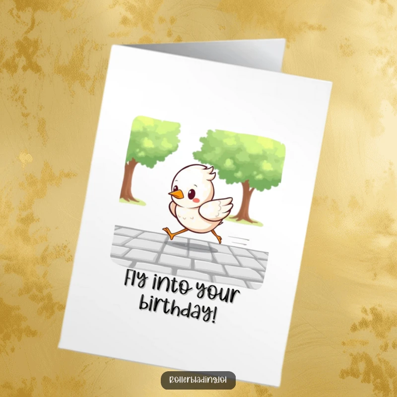 Funny Free Printable Birthday Card: A determined bird flapping its wings fast while racing along a paved path.