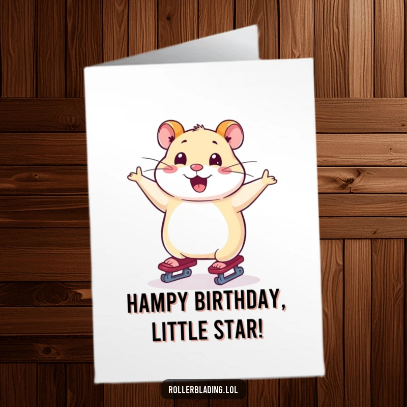 Funny Free Printable Birthday Card: A smiling hamster skates joyfully with arms outstretched, celebrating a birthday.