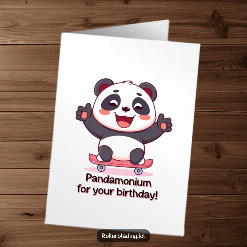 Funny free printable birthday card: Joyful panda skates with a huge beaming smile, wishing you a fantastic birthday.