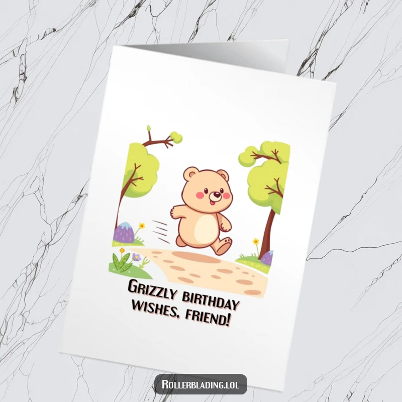Funny Free Printable Birthday Card featuring a proud bear joyfully speeding down a path, ready to deliver birthday wishes.