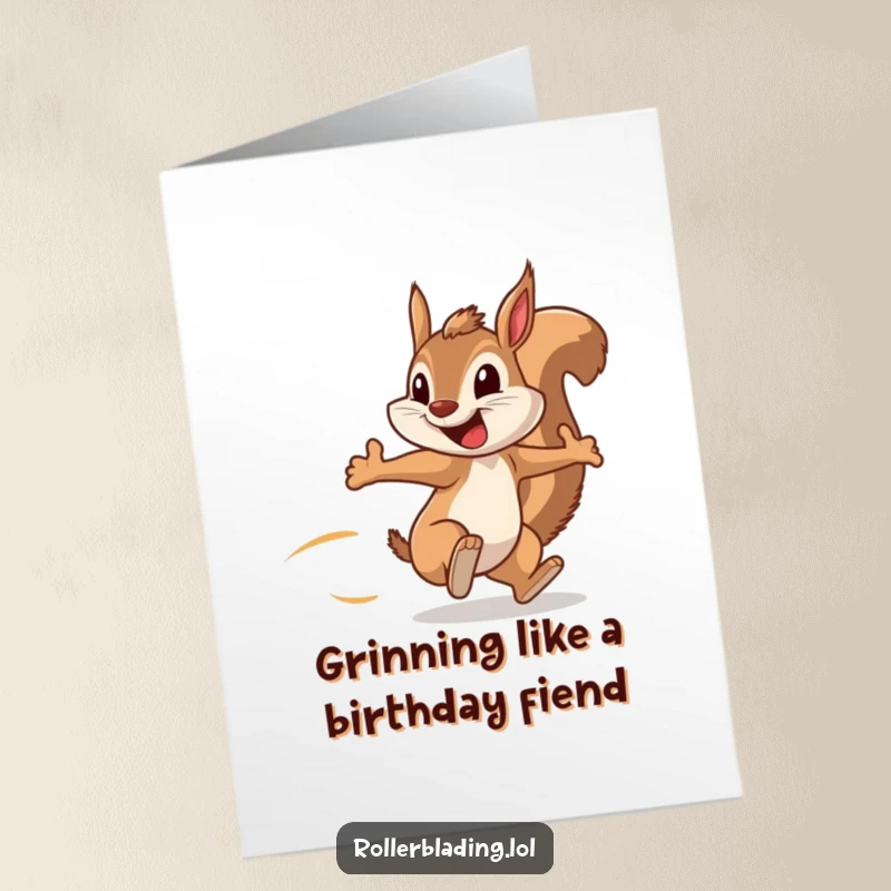 Funny Free Printable Birthday Card showing a squirrel speeding along, arms pumping, with a big grin, a fun downloadable gift.