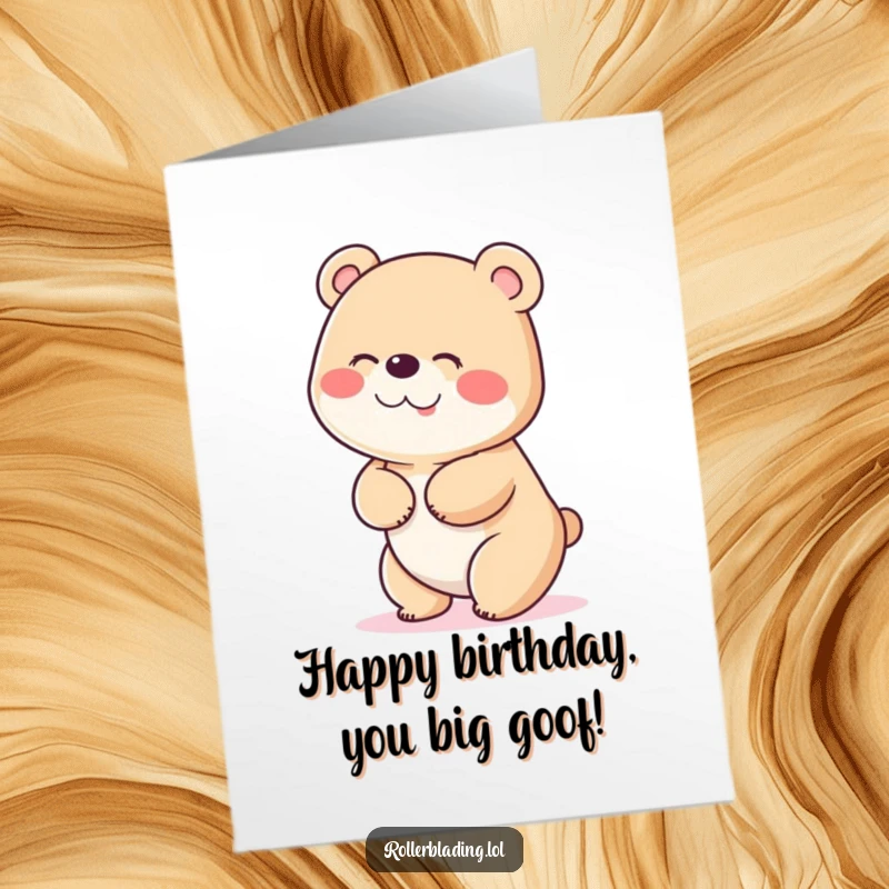 Funny Free Printable Birthday Card: A big bear giggling uncontrollably while wobbling and trying hard to stop.