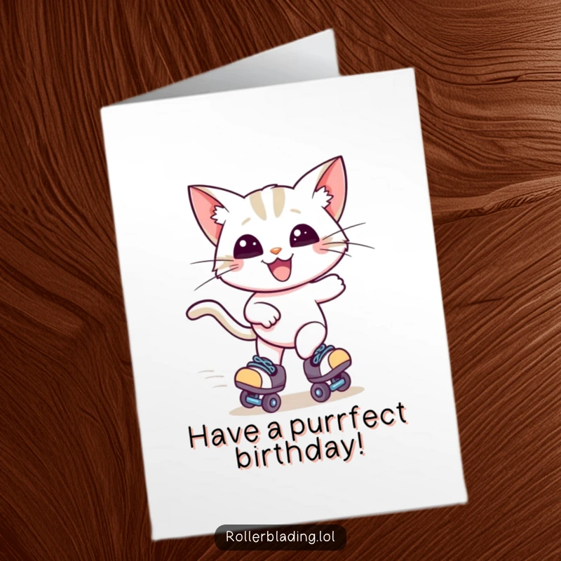 Funny Free Printable Birthday Card: A happy cat with windblown ears, zooming fast on roller skates with a joyful expression.
