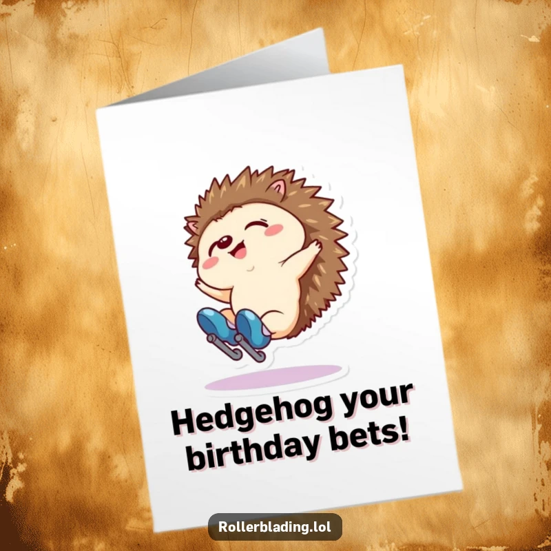 Funny Free Printable Birthday Card: Tiny hedgehog comically falling backwards on roller skates, a look of surprise on its face.