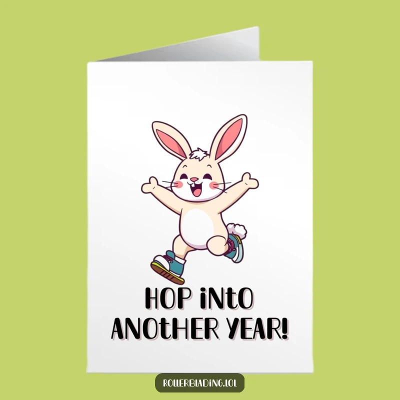 Free Printable Bunny Birthday Card: Funny Skating Rabbit, DIY Downloadable Gift for Lovers