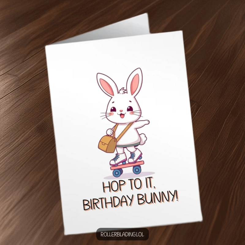 Funny Free Printable Birthday Card: A smiling bunny determinedly balancing on roller skates while clutching a bag, ready for birthday adventures.