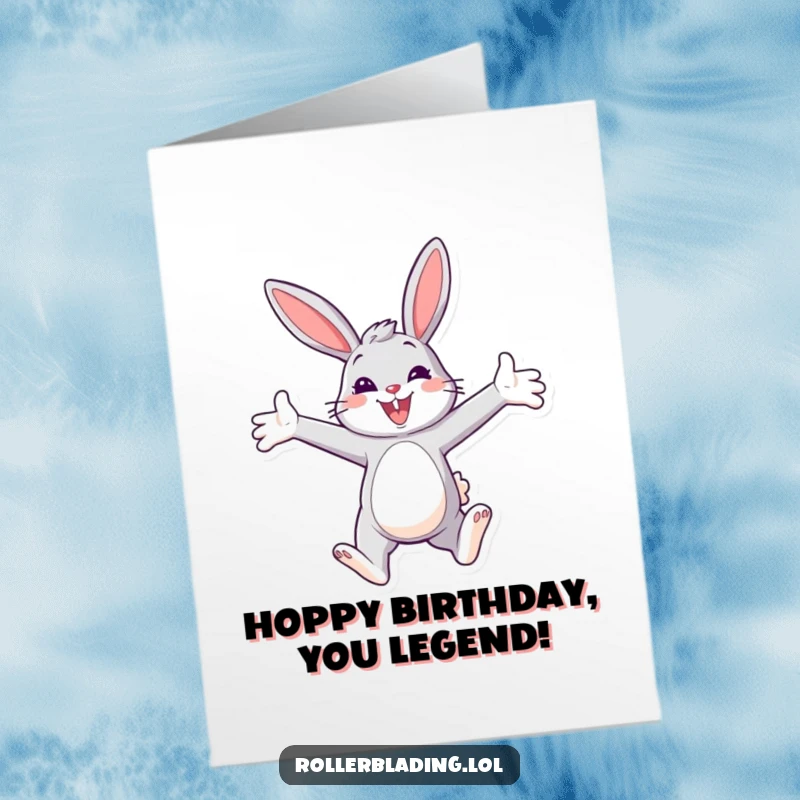 Funny Free Printable Birthday Card: A smiling bunny gliding with arms wide open, embracing a happy birthday.