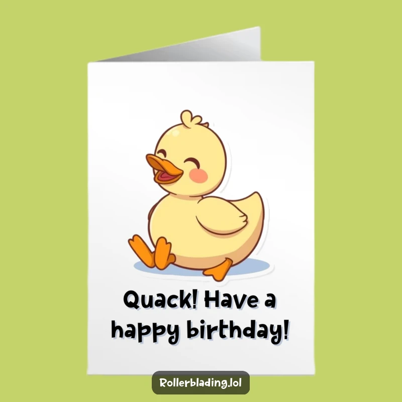 Free Printable Birthday Card. Funny Duck Roller Skating Joy. Hilarious Downloadable Gift.
