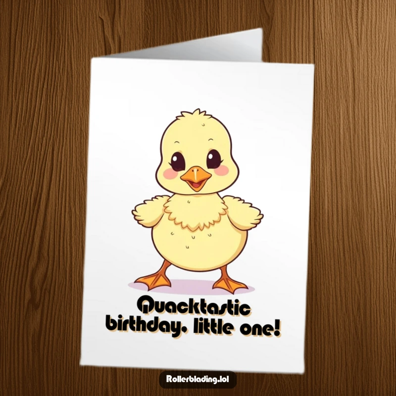 Funny Free Printable Birthday Card: A cute wobbly duckling, moving forward unsteadily, celebrating a birthday.