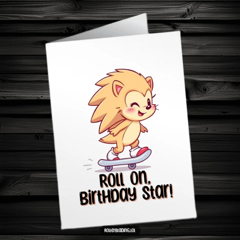Funny Free Printable Birthday Card: A happy hedgehog smiling while skating backward, celebrating a birthday.