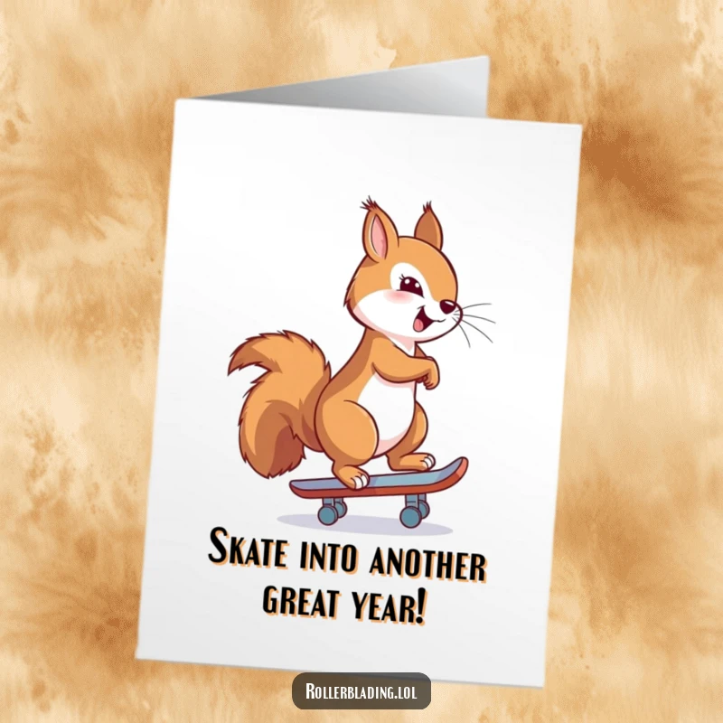 Funny Free Printable Birthday Card: A squirrel smiling proudly while confidently skating backwards on roller skates.