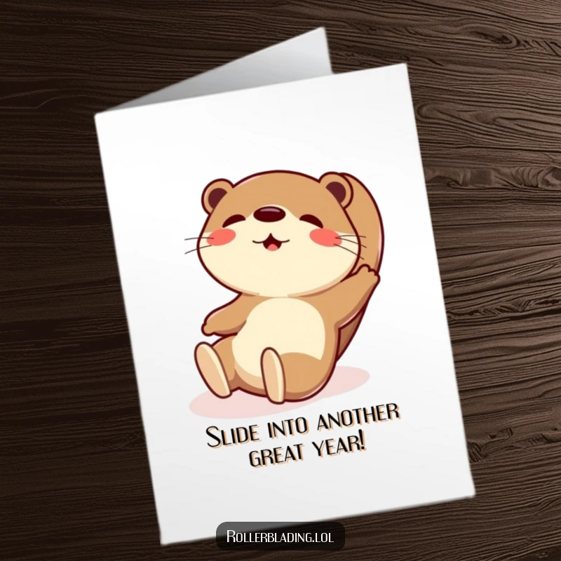 Funny Free Printable Birthday Card: A playful otter slides wildly, limbs akimbo, with an exaggerated grin and pure joy on its face.