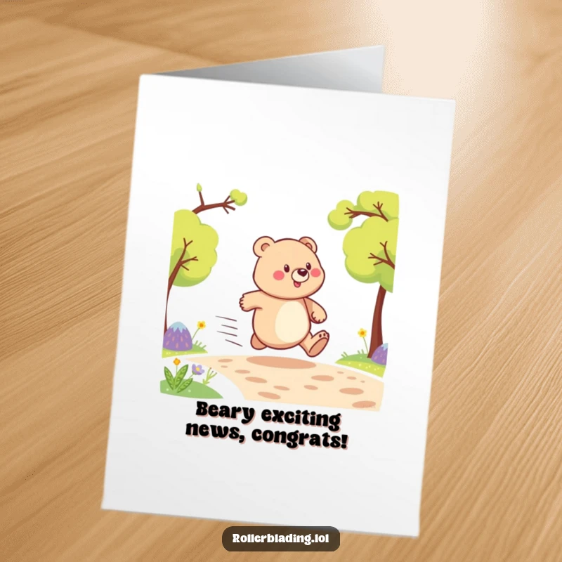 Funny Free Printable Congratulations Card showing a proud bear accelerating forward, celebrating success with speed and style.