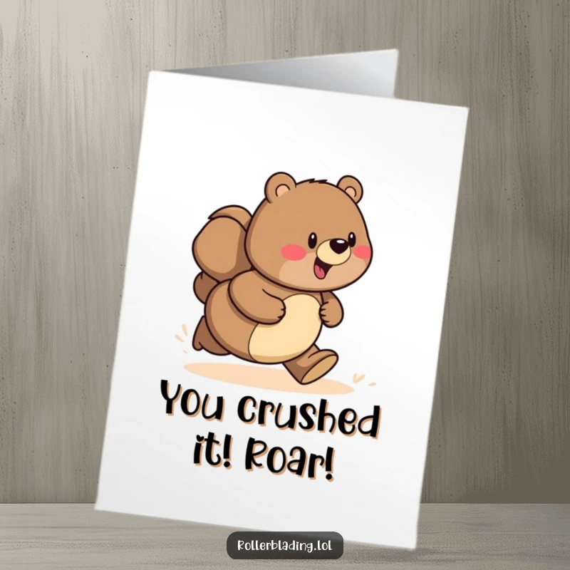 Funny Free Printable Congratulations Card: A proud bear speeds down a path, celebrating a big win with excitement.