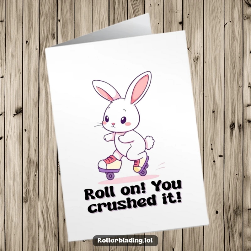 Free Printable Congratulations Card: Amusing rabbit rollerblading with confidence, celebrating success. A unique greeting.