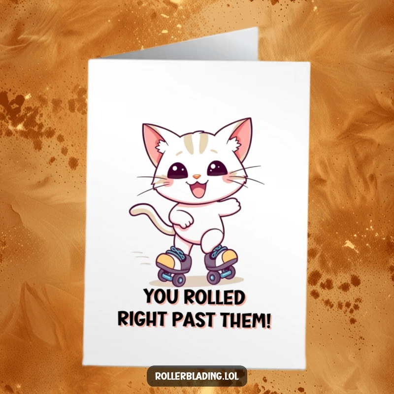 Funny Free Printable Congratulations Card: A happy cat with windblown ears, zooming on roller skates, looking triumphant.