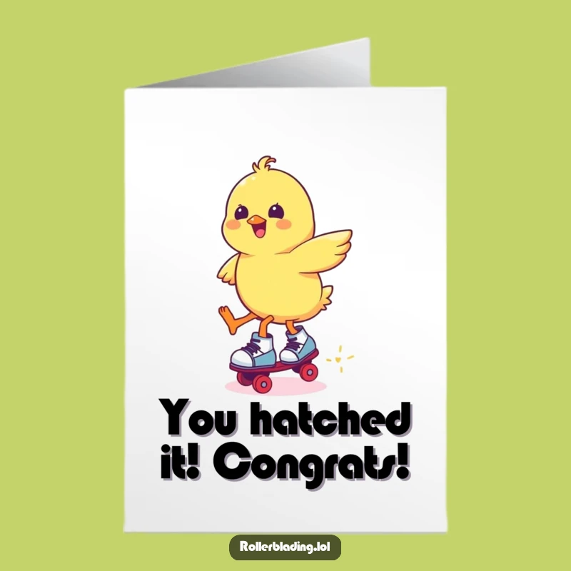 Free Printable Congrats Card. Funny Chick Roller Skating Success. Hilarious Downloadable Greeting.