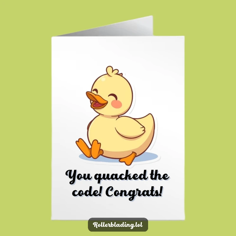 Free Printable Congrats Card. Funny Duck Roller Skating Fun. Hilarious Downloadable Greeting.