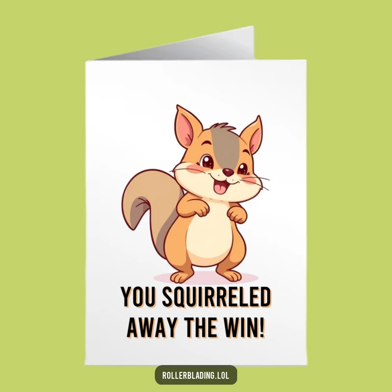Free Printable Congrats Card. Funny Squirrel Roller Skating Sprint. Hilarious Downloadable Greeting.