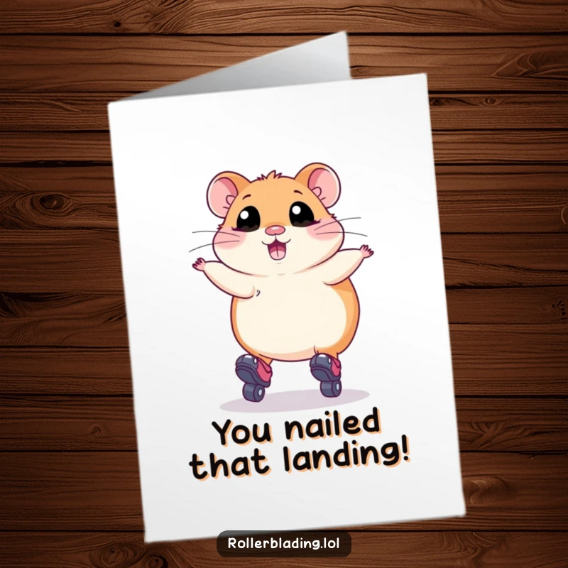 Funny Free Printable Congratulations Card: A plump hamster with wide eyes attempts a roller skate jump, hilariously capturing the effort.
